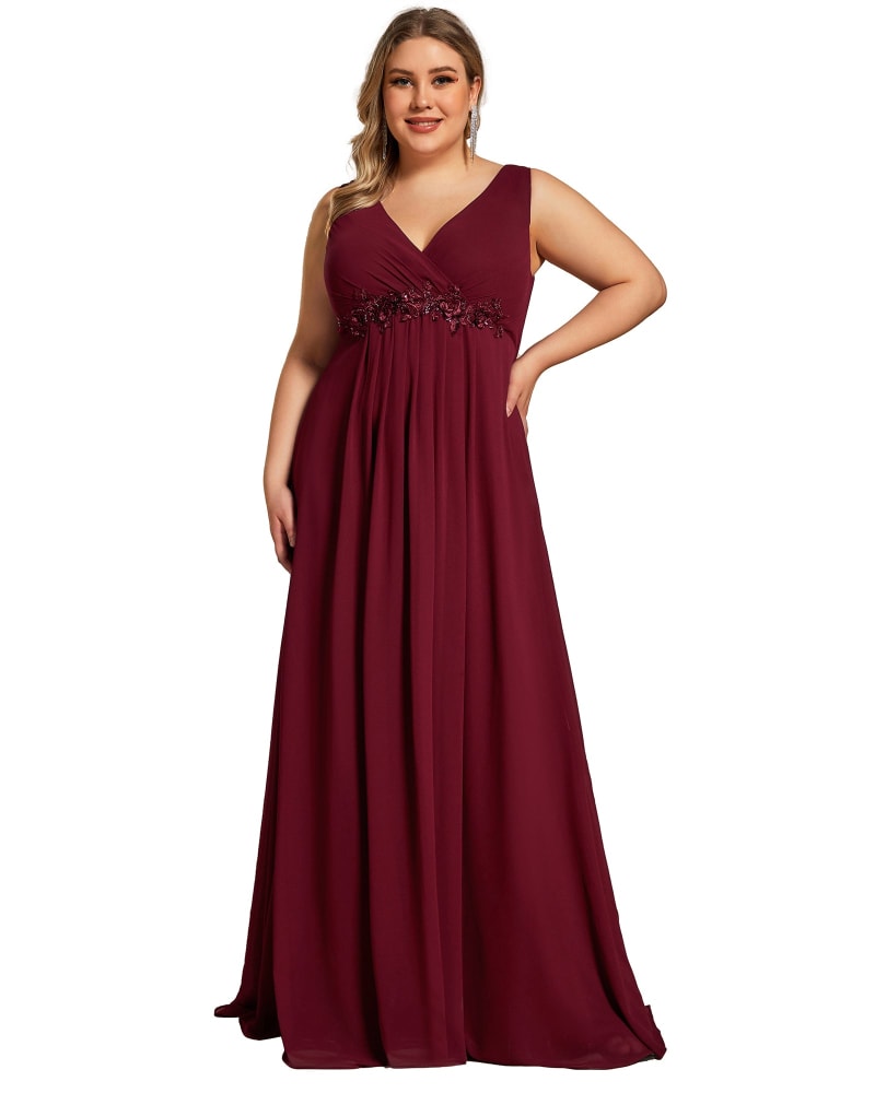 Front of a model wearing a size 24 Floral Applique Sleeveless Chiffon Long Formal Evening Dress in Burgundy by Ever-Pretty. | dia_product_style_image_id:296976